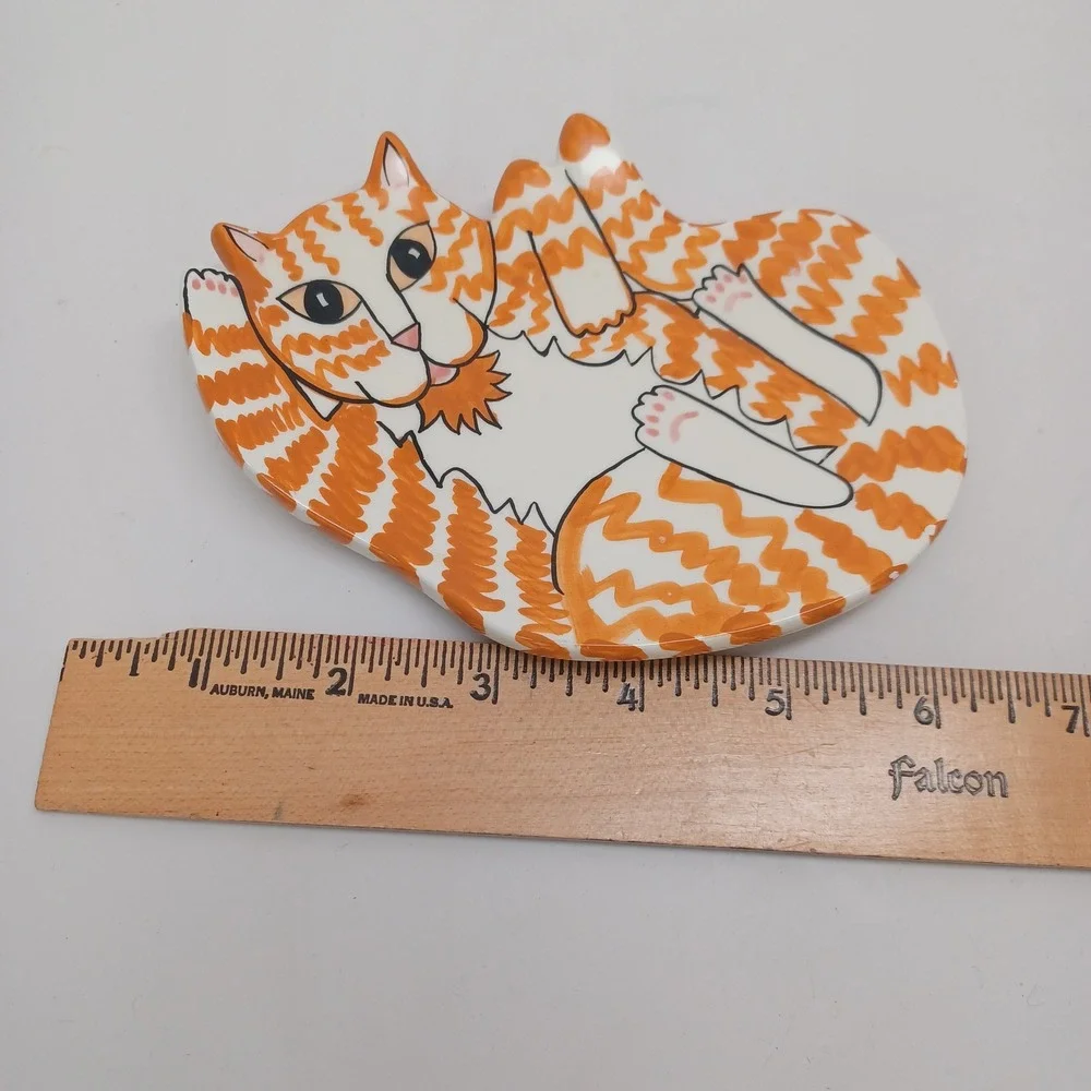 Cats by Nina Lyman Orange Tabby Ceramic Trinket Dish Figural Cat Plate 6 Inch
